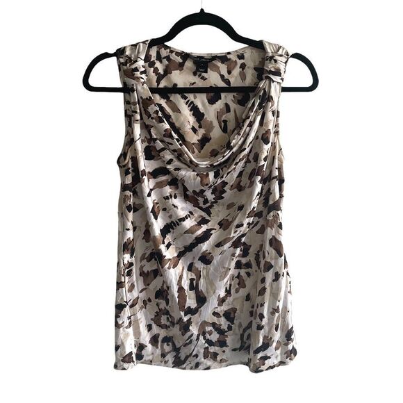 𝅺ST JOHN Sleeveless Silk Draped Printed Blouse Tank Top White Tan Black XS/S - Picture 1 of 8